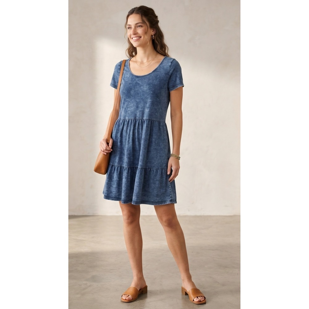 Jane and Delancey Blue Acid Wash Tiered Mini Dress Cotton Short Sleeve XL